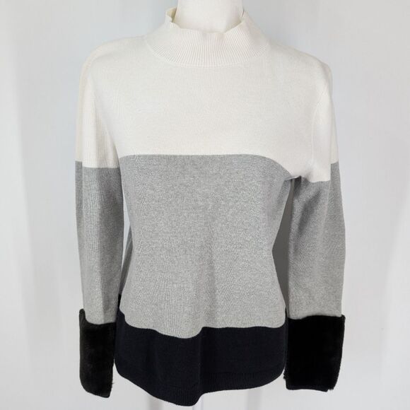 Crown & Ivy Black Gray White Colorblock Turtleneck Sweater Faux Fur Cuffs Small - Picture 1 of 6